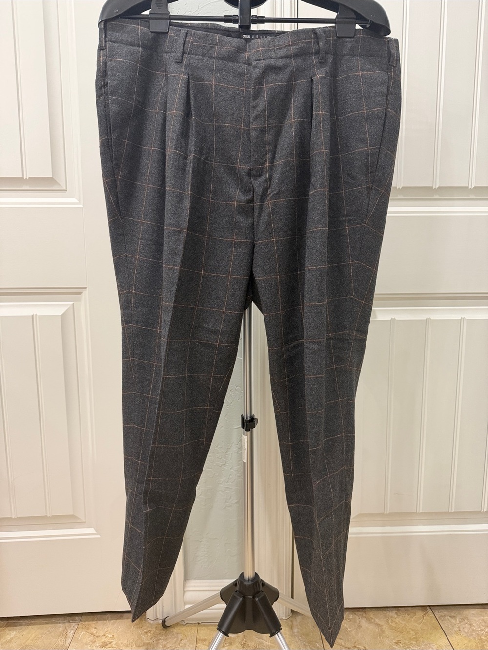 ASOS Charcoal Gray Windowpane Dress Pants with Brown Grid